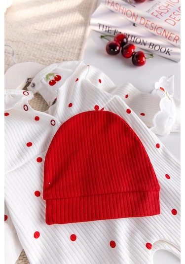 Kiraz İşlemeli Pamuklu Kız Bebek Tulum Kırmızı