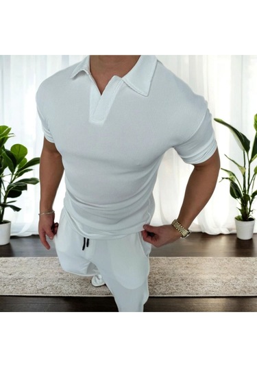 Beyaz, Oversize/geniş Kesim, Dokulu Kırışmaz, Ottoman Polo Yaka T-shirt Ve Eşofman Takım Beyaz