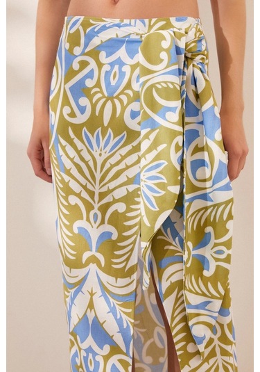 Never More Yırtmaçlı Desen Etek Mavi