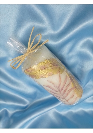 Tüy Kabartmalı Silindir Mum 14cm Altın - Beyaz