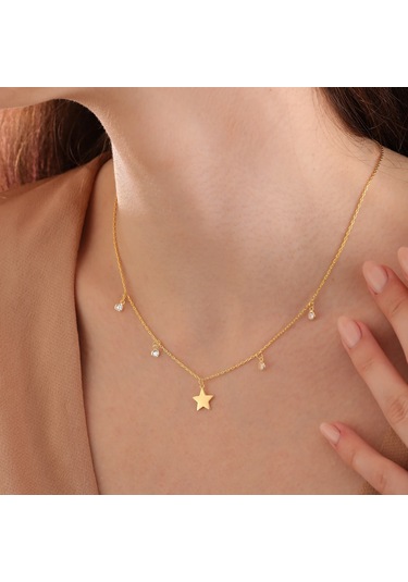 Queen Silver Jewelry 925 Ayar Gümüş Yıldız Objeli Sirkon Taş Sallantılı Kolye Altın