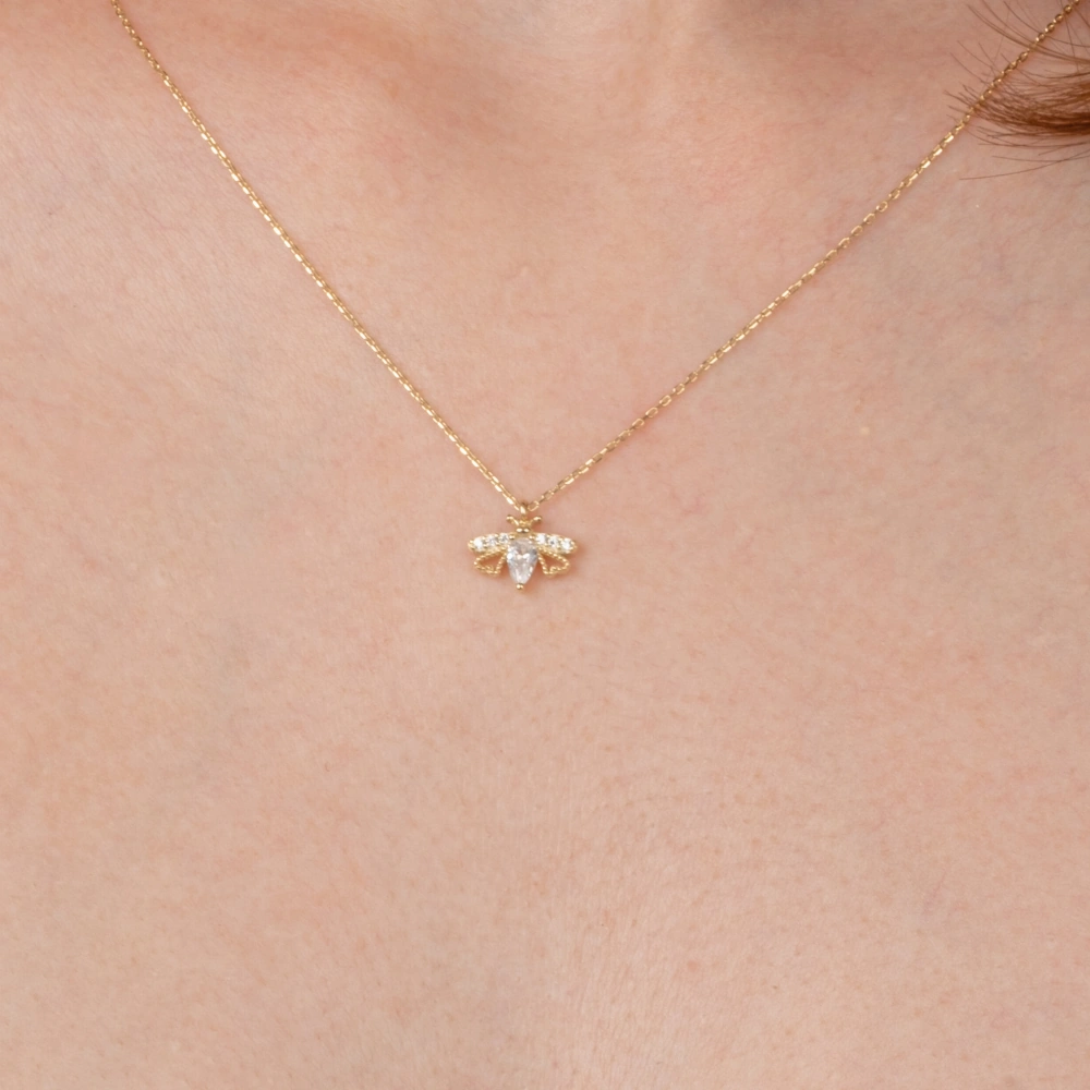 Gümüş Kolye - Oval Zirkon Taşlı Arı 925 Ayar Gümüş Kolye Sarı