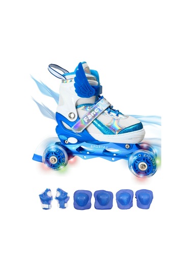 Melek Kanatlı Işıklı Çocuk Pateni Ve Dizlik Seti Silikon Teker Ayarlanabilir Paten Çantalı Mavi Mavi