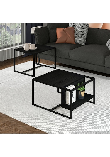 Batı 2 Li Modern Orta Sehpa Takımı Metal Ayaklı, Alt Raflı Siyah
