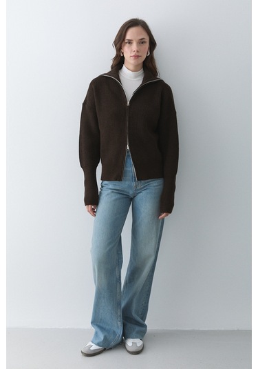 Kahverengi Çift Fermuarlı Hırka - 251080 Koyu Bej