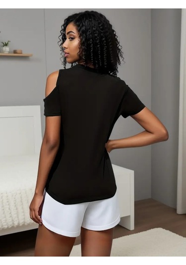 Modaserdem Kadın Kısa Kollu Tek Omuzu Açık Damla Detaylı Viskon Bluz Siyah
