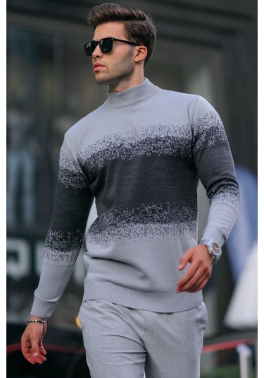 Madmext Gri Balıkçı Yaka Desenli Kazak 6845-gri Gri