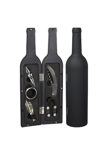 5 Parça Çelik Şişe Açacağı Seti Dekoratif Kılıf İle Şık Hediye Seti , Wine Opener Gift Set Siyah