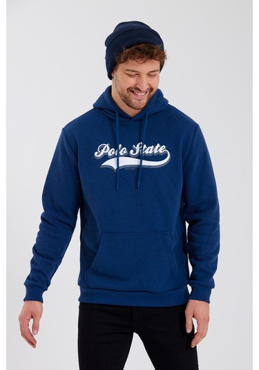 Erkek 3 İplik Pamuklu İçi Polarlı Baskılı Regular Fit Kapüşonlu Kanguru Cepli İndigo Sweatshirt Indigo