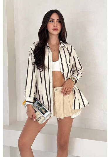 Pamuk Viscon Dijital Baskı Sonsuz Çizgi Gömlek Krem