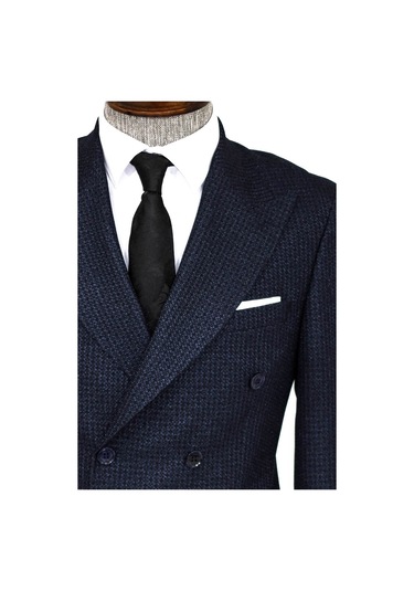 Wessi Kazayağı Desenli Lacivert Erkek Kruvaze Ceket - Wessi Lacivert