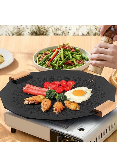 Xurunkeji Açık Hava Taşınabilir Kamp Altıgen Maifan Taş Yapışmaz Dumansız İndüksiyonlu Ocak Gazlı Çift Amaçlı Barbekü Plakası Siyah