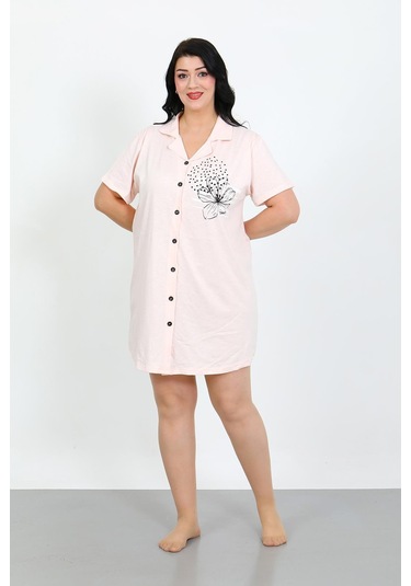 Akbeniz Büyük Beden Penye Düğmeli Pudra Tunik Gecelik 1025 Pudra