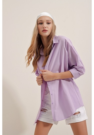 Bigdart 3900 Oversize Uzun Basic Gömlek - Lila 001