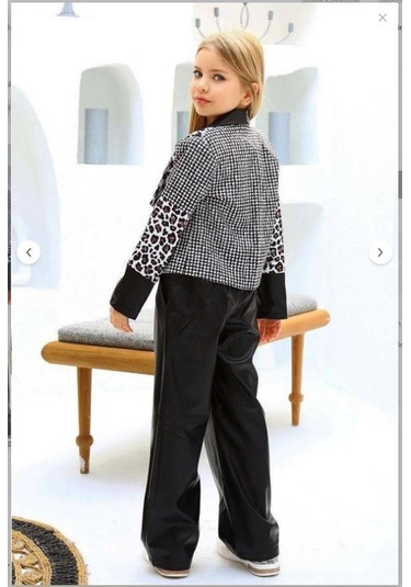 Riccotarz Kız Çocuk Üzeri Leopar Ve Kazayağı Deri Detaylı Ceket Bol Kesim Pantolon Siyah Alt Üst Takım Siyah