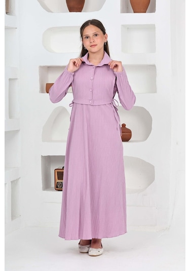 Kız Çocuk Uzun Boy Gofre Kumaş Jile & Elbise İki Parça Takım Astarlı Zarif Set-4948 Lila