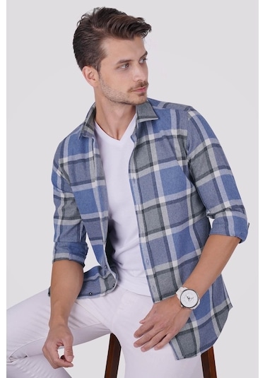 Mavi Gri Kareli Slimfit Oduncu Erkek Gömlek Mavi