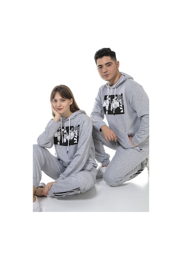 Vishenka Unisex Anime Baskılı 3 İplik Kapüşonlu Eşofman Takımı Gri