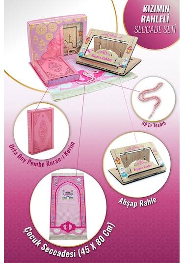 Rahleli Kuranı Kerim Tesbih Kızımın Çocuk Seccade Seti Pembe