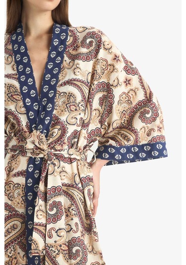 Defacto Regular Fit Kuşaklı Etnik Desenli Pamuklu Kimono-fall İn Love D0456ax25spnv247 Lacivert