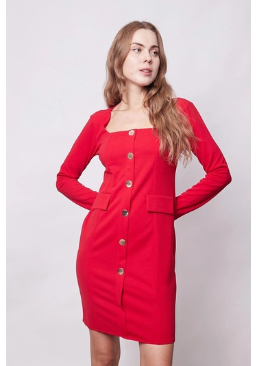 Kadın Likralı Krep Kumaş Kare Yaka Uzun Kol Önü Düğmeli Ofis Ceket Elbise-kırmızı Kırmızı