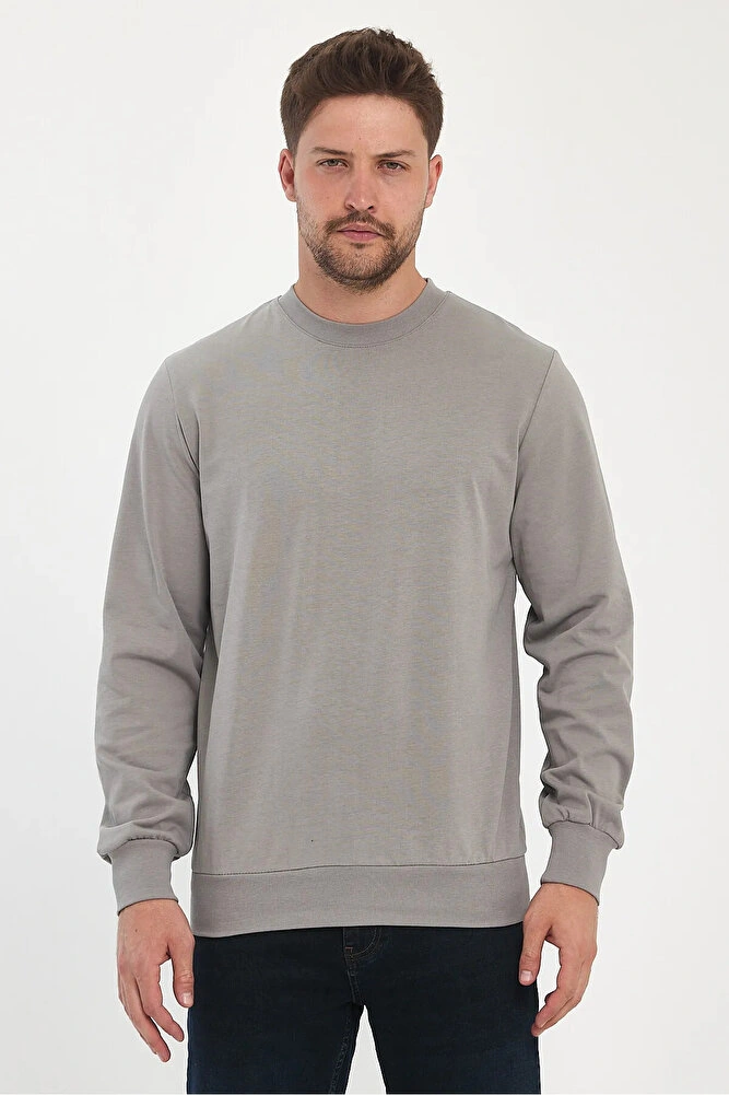 Erkek Bisiklet Yaka Baskısız Rahat Kalıp Mevsimlik Sweatshirt Haki