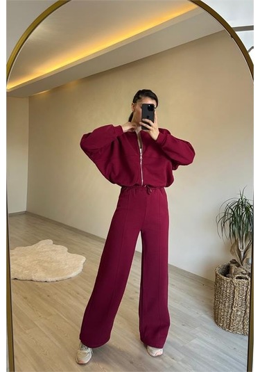 Neşeli Butik Kadın Fermuarlı Oversize Sweat Ve Yüksek Bel Eşofman Takımı Nm018 Bordo