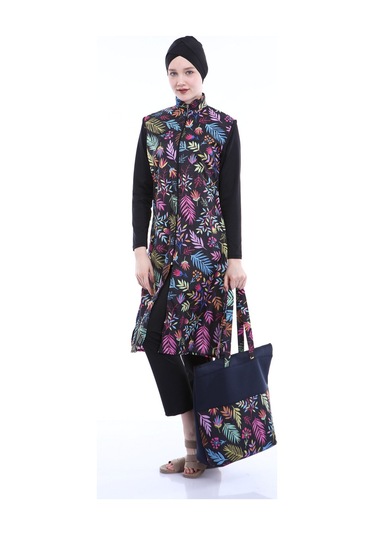 Tam Kapalı Tesettür Mayo Deniz Mayosu Renkli Çiçekler Td21-249 Siyah Siyah