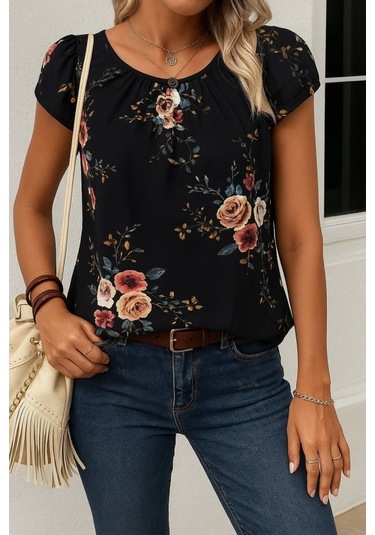Modasize Kadın Kısa Kollu Bisiklet Yaka Çiçek Baskılı Süprem Bluz Siyah