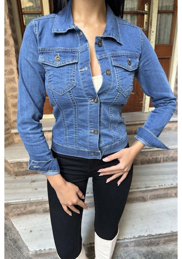Mavi Dar Kesim, Cepli, Düğmeli, Denim Kot Ceket Mavi