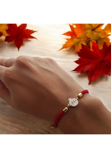 Pelin İsmine Özel Nar Motifli İpek Örgülü 14 Ayar Altın Plakalı Hediye Bileklik-323isim-kırmızı Altın