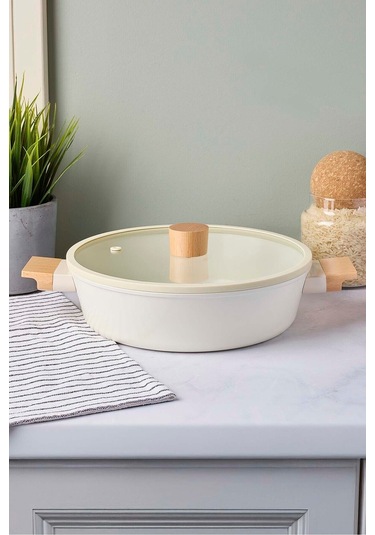 Cookwood Beige İndüksiyon Tabanlı Ahşap Kulplu Kapaklı Seramik Derin Tencere 24 Cm Bej Bej