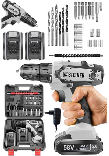 Steiner Kupfer Darbeli 58 V 5 Ah Çift Akülü Vidalama Matkap Gri + 24 Parça Set