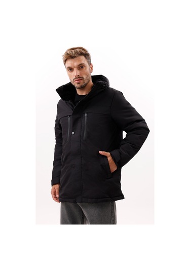 Erkek Polarlı Kürklü Su Ve Rüzgar Geçirmez Kapüşonlu Kışlık Mont & Kaban & Parka - Elyaflamalı Siyah