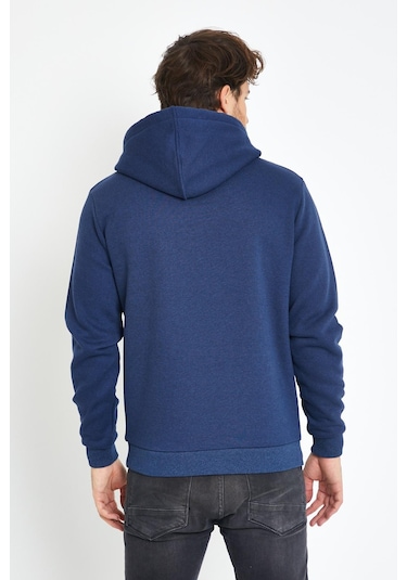 Erkek Kapüşonlu Kanguru Cep 3 İplik Sweatshirt İndigo