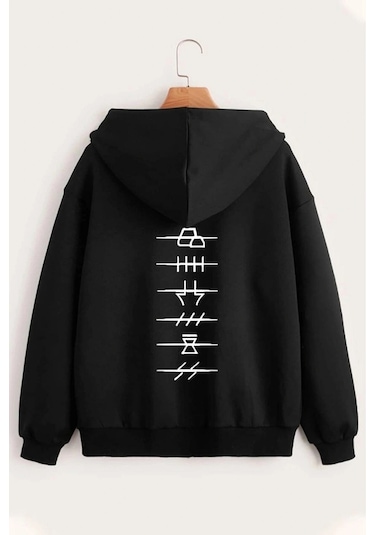 Relax&Basic Unisex Baskılı Kapüşonlu Fermuarlı Sweatshirt Siyah Siyah