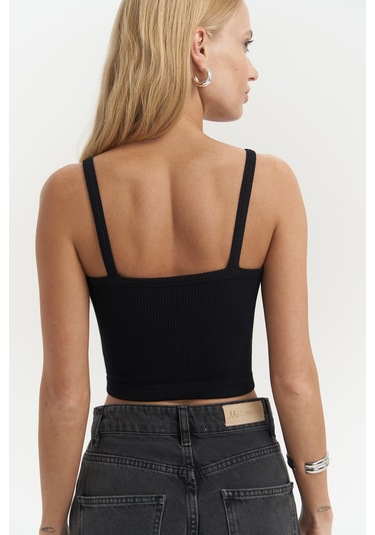 Noam Siyah Ön Detay Fitilli Crop Siyah