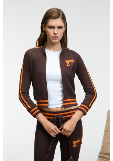 Grımelange Talysse Kadın Fermuarlı Dik Yakalı Etek Ucu Manşetli Trikolu Kahverengi Ceket Kahverengi