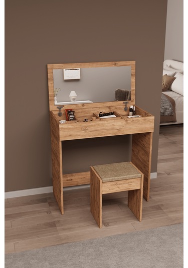 Df02113 Kapaklı Aynalı Bölmeli Puflu Makyaj Masası Atlantik Çam