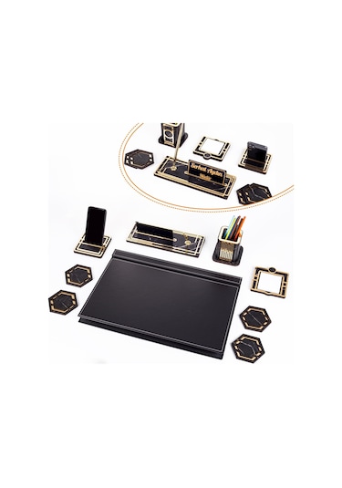 Roxy Siyah Deri Sümen Takımı Gold Mermer Desen Ahşap İsim Yazılı Masa İsimliği Masaüstü İsimlik Seti