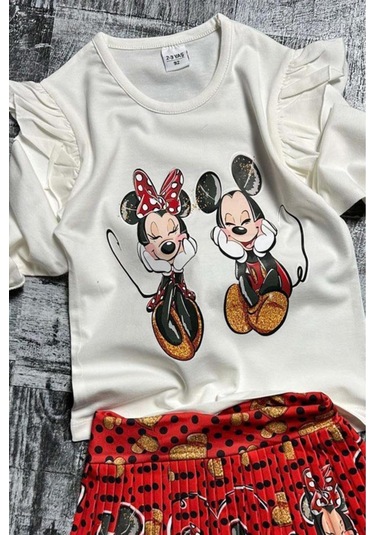 Riccotarz Kız Çocuk Omzu Fırfırlı Mickey Ve Minnie Baskılı Beyaz Bluz Etekli Takım 001