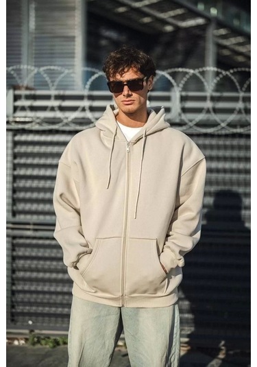 Oversize Tam Fermuarlı Uzun Kol Hırka - Bej Bej