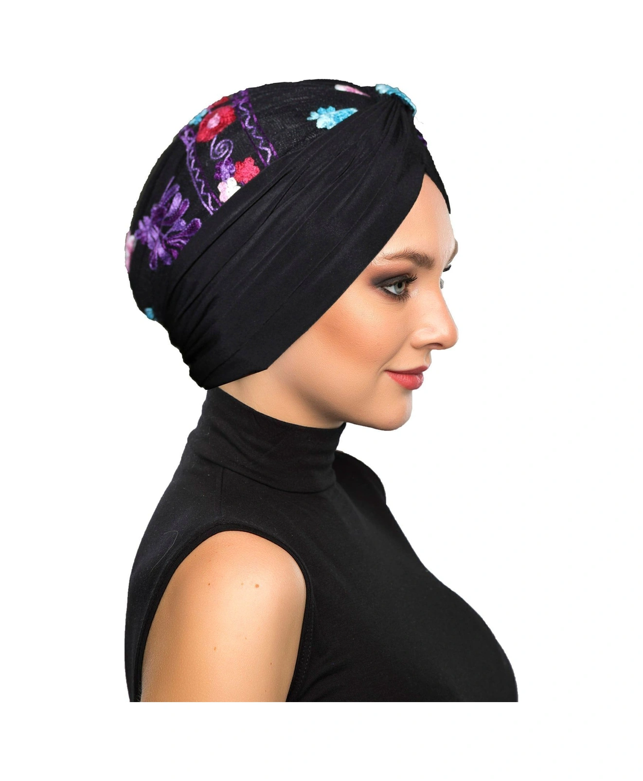 Otantik Nakış Motifli Astarlı Hazır Türban Tesettür Bone Siyah Motif 6