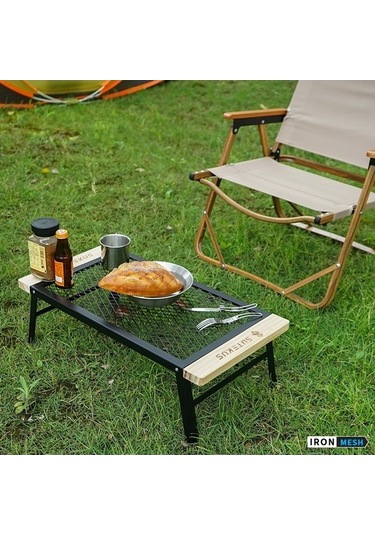 Prestigegoods Cls Açık Katlanır Örgü Kamp Demir Masa Barbekü Rafı, Siyah, Taşınabilir, 59x30x18 Cm Siyah