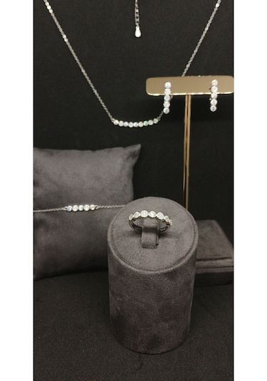 925 Ayar Gümüş Taşlı Takı Seti - Kolye, Küpe Ve Yüzük Kombini 12,28gr. Gümüş