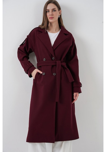 Kadın Kuşaklı Kaşe Kaban 9161 - Bordo Bordo