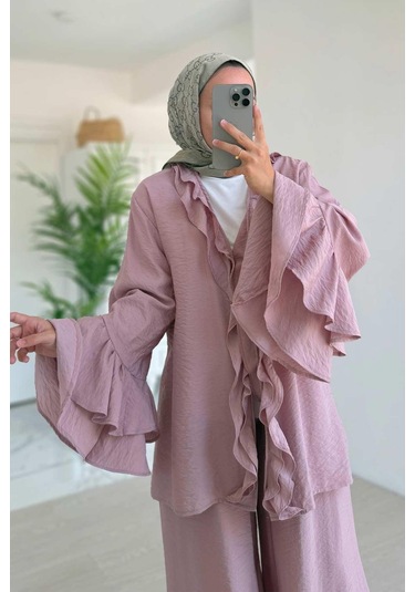 Fırfır Detaylı Volan Kollu Takım - Pembe Pembe