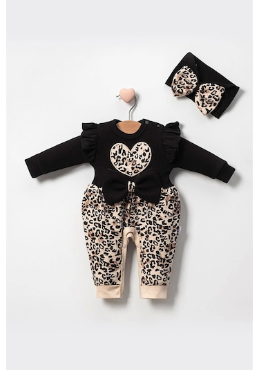 Leopar Desenli Fiyonklu % 100 Pamuk Kız Bebek Tulumu Siyah
