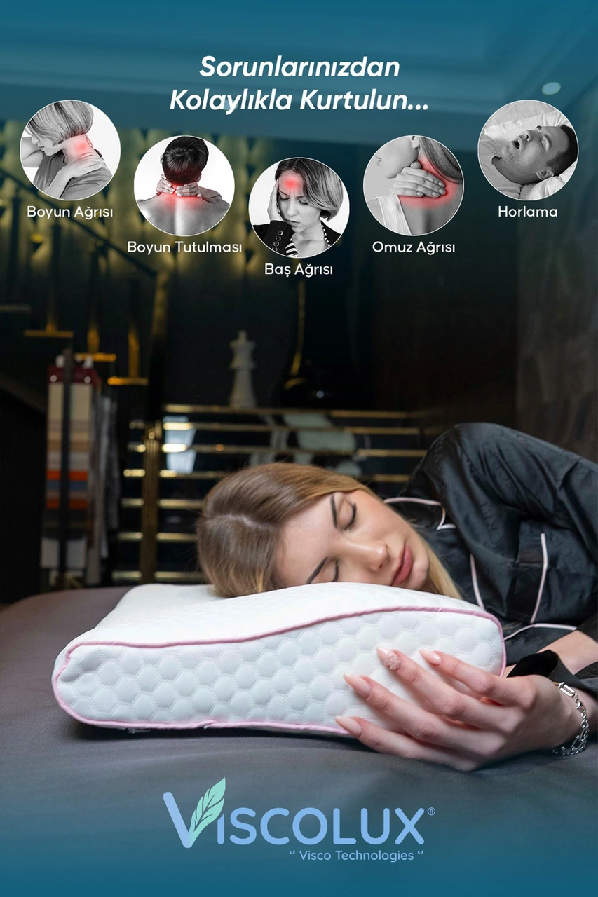 Servikal Boyun Destekli Ortopedik Yastık - Boyun Düzleşmesi Visco Yastık 56x34x10,5 Pembe