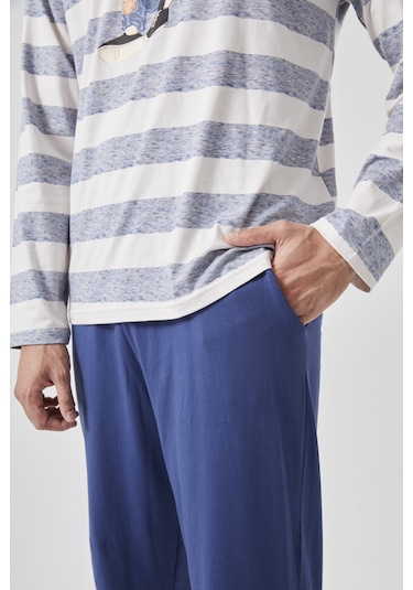 Erkek Pamuklu Uzun Kollu Üst Ayıcık Baskılı Pijama Takımı Ke77620 Lacivert